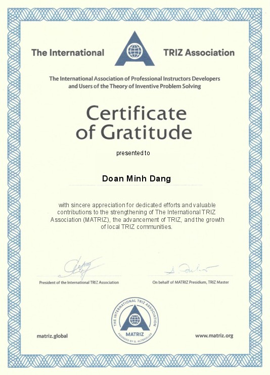 MATRIZ certificate of Gratitude to Doan Minh Dang - TRIZ Studies